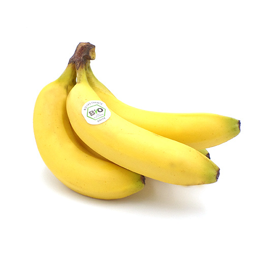 KI generiert: Drei gelbe Bananen mit einem Bio-Aufkleber.