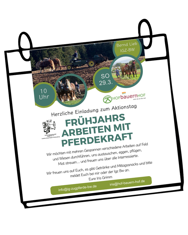 KI generiert: Einladung für "Frühjahrsarbeiten mit Pferdekraft" am 29.3. um 10 Uhr beim Hoffest. Kontakt: info@ig-zugpferde-bw.de
