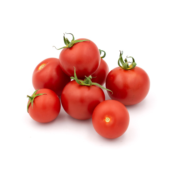 KI generiert: Einige frische rote Tomaten auf einem weißen Hintergrund.