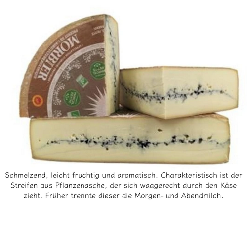 KI generiert: Ein Käse mit Pflanzenasche-Streifen, Text: "Schmelzend, leicht fruchtig und aromatisch...".