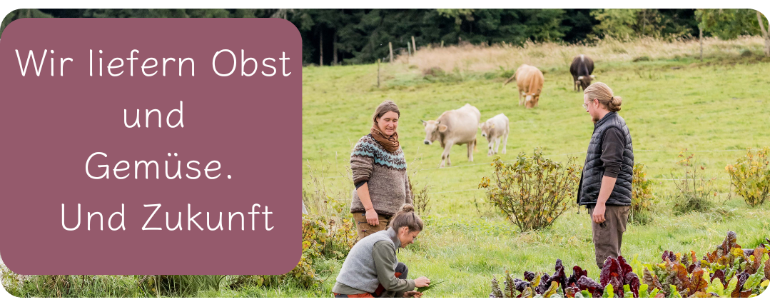 KI generiert: Drei Personen arbeiten auf einem Feld. Text: "Wir liefern Obst und Gemüse. Und Zukunft."