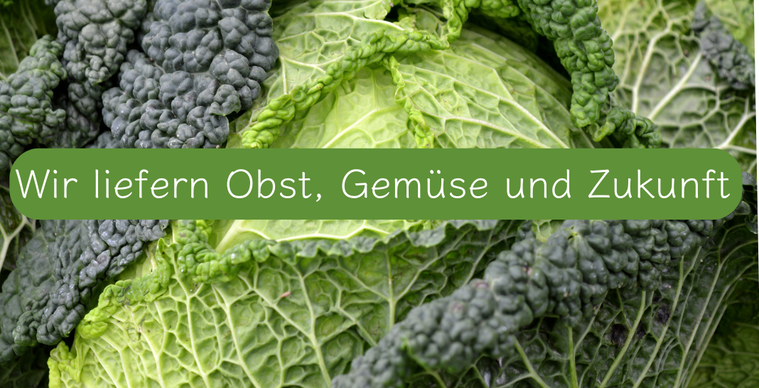 KI generiert: Das Bild zeigt grüne Kohlblätter. Text: "Wir liefern Obst, Gemüse und Zukunft".