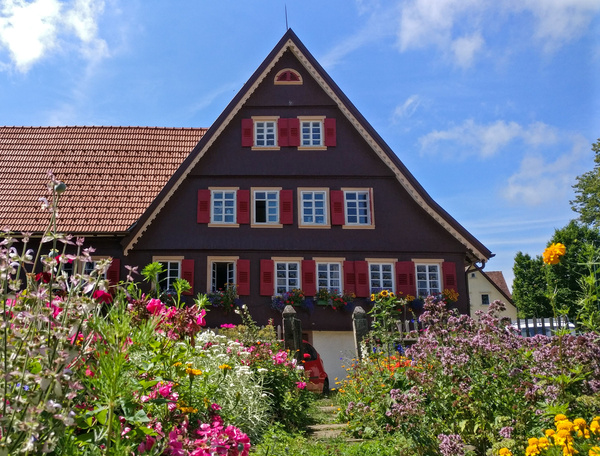 KI generiert: Das Bild zeigt ein traditionelles Fachwerkhaus mit roten Fensterläden, umgeben von einem farbenfrohen Garten voller blühender Blumen. Der Himmel ist blau mit einigen Wolken, was eine sommerliche und idyllische Atmosphäre schafft.