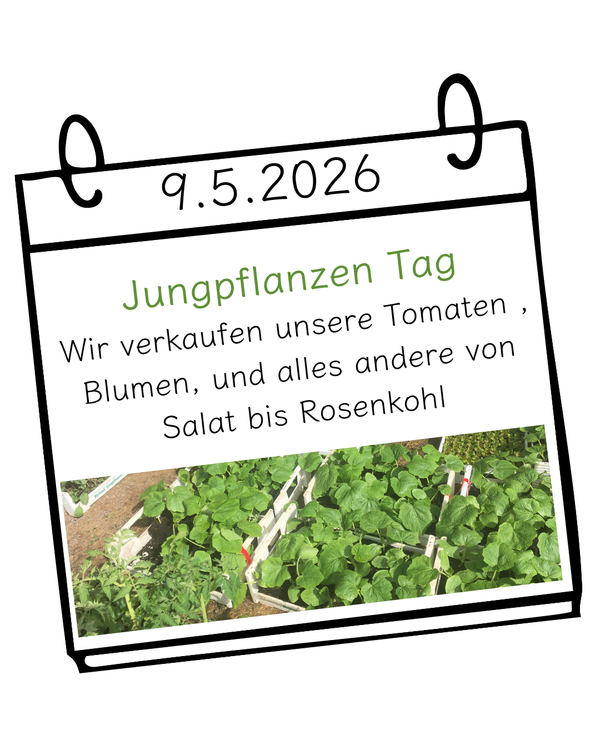 KI generiert: Kalenderblatt mit Gartenevent am 9.5.2026: Verkauf von Jungpflanzen, Tomaten, Blumen, Salat bis Rosenkohl.
