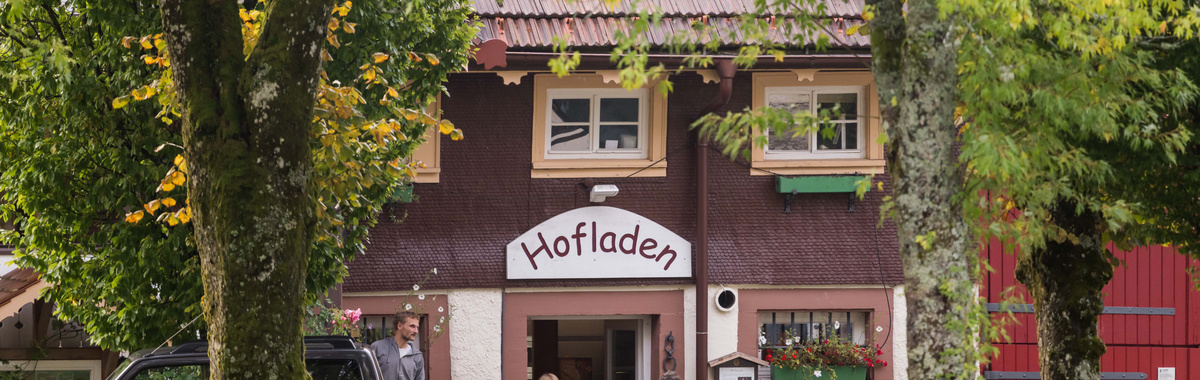 KI generiert: Das Bild zeigt ein Holzschild mit der Aufschrift "Hofladen 100 m" in einer Gartenlandschaft, umgeben von blühenden rosa Rhododendronsträuchern. Es weist auf die Nähe eines Hofladens hin.