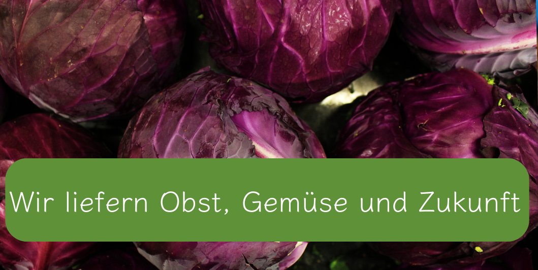 KI generiert: Rote Kohlköpfe mit dem Text: "Wir liefern Obst, Gemüse und Zukunft."