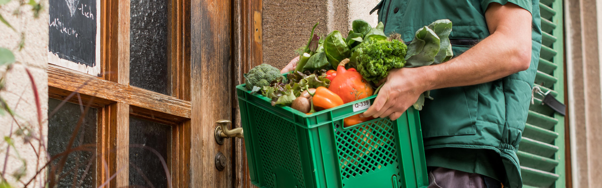 KI generiert: Das Bild zeigt eine grüne Kiste voller frischem Gemüse und Obst vor einer alten Holztür. Daneben steht ein Blumentopf mit blühenden Pflanzen.