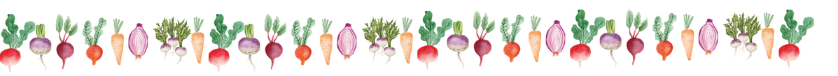 KI generiert: Reihe von Aquarell-Gemüsen, darunter Rüben und Karotten, in einer horizontalen Anordnung.
