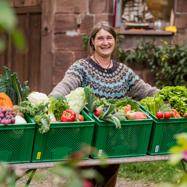 KI generiert: Eine Person präsentiert Kisten voller frischem Gemüse.