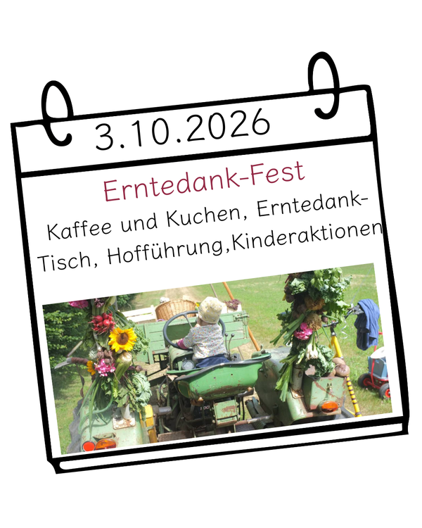 KI generiert: Kalenderbild: "3.10.2026 Erntedank-Fest, Kaffee und Kuchen, Erntedank-Tisch, Hofführung, Kinderaktionen."