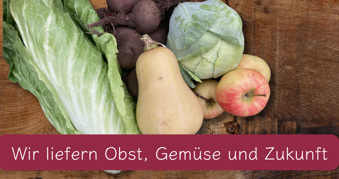 KI generiert: Verschiedene Gemüse- und Obstsorten auf Holz. Text: "Wir liefern Obst, Gemüse und Zukunft".