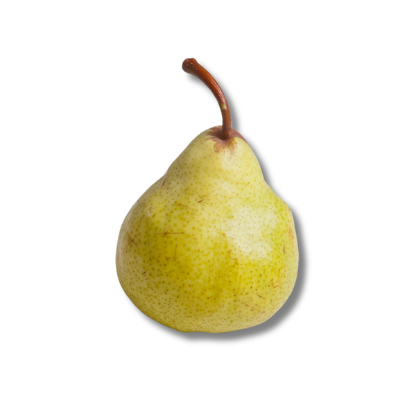 KI generiert: Eine einzelne, reife Birne mit Stiel vor weißem Hintergrund.