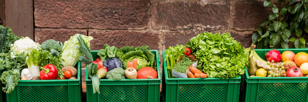 KI generiert: Grüne Körbe voller frisches Gemüse und Obst vor einer Backsteinmauer.