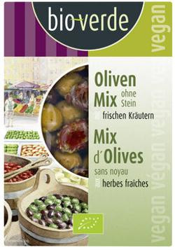 Produktfoto zu Oliven Mix ohne Stein mit frischen Kräutern