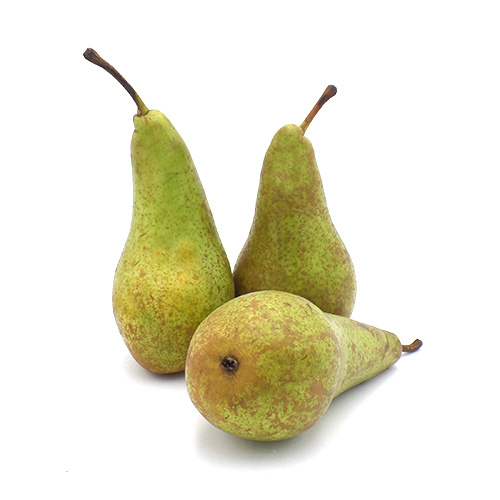 KI generiert: Drei grüne Birnen vor weißem Hintergrund.