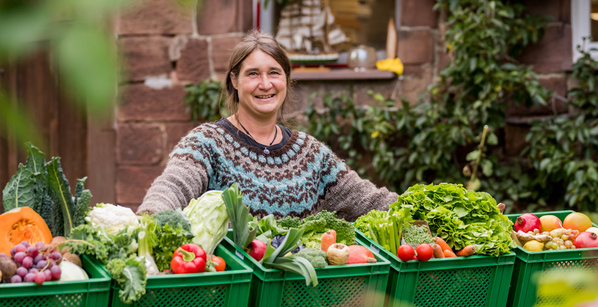 KI generiert: Eine Person steht hinter Kisten voller frischem Obst und Gemüse.