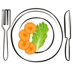 KI generiert: Das Bild zeigt eine gezeichnete Karotte, die auf einem Teller liegt, flankiert von Messer und Gabel. Der Stil der Zeichnung ist einfach und cartoonhaft.