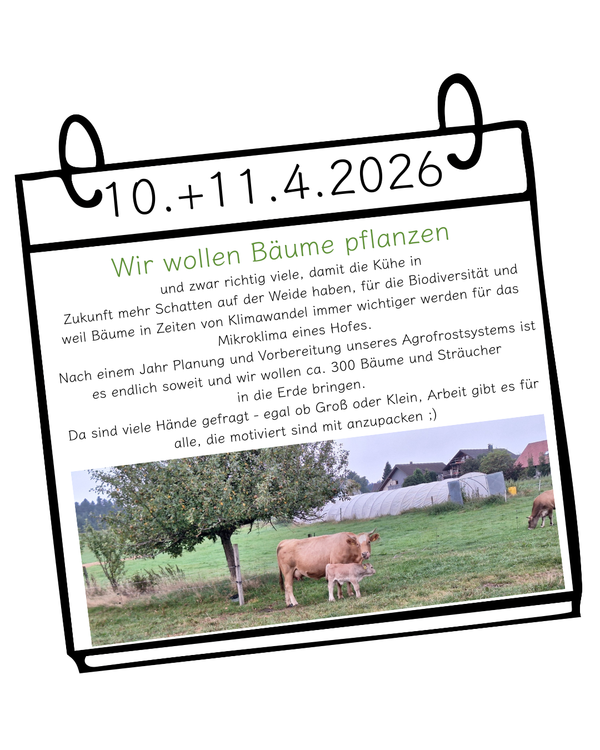 KI generiert: Kalenderblatt: Aktion "Wir wollen Bäume pflanzen", 10.+11.4.2026. Bild: Kuh auf Wiese neben Baum und Gewächshaus.