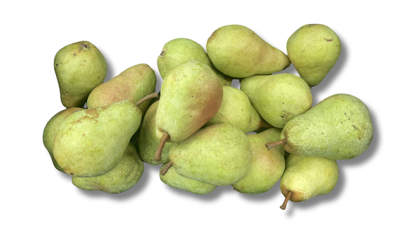 KI generiert: Ein Haufen grüner Birnen auf weißem Hintergrund.