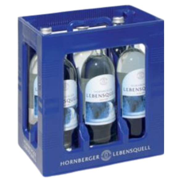 KI generiert: Ein blauer Kasten mit Wasserflaschen, Text: "HORNBERGER LEBENSQUELL".