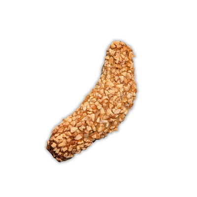 KI generiert: Das Bild zeigt ein Gebäck in Form eines Halbmondes, das mit gehackten Mandeln überzogen ist. Der Hintergrund ist einfarbig weiß.