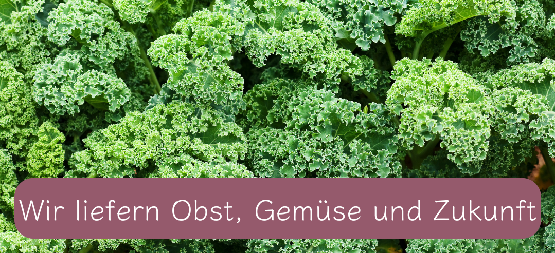 KI generiert: Grüner Grünkohl mit Text: "Wir liefern Obst, Gemüse und Zukunft".