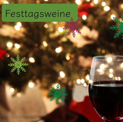 KI generiert: Weinglas vor festlicher Kulisse mit Schneeflocken, Text: "Festtagsweine".
