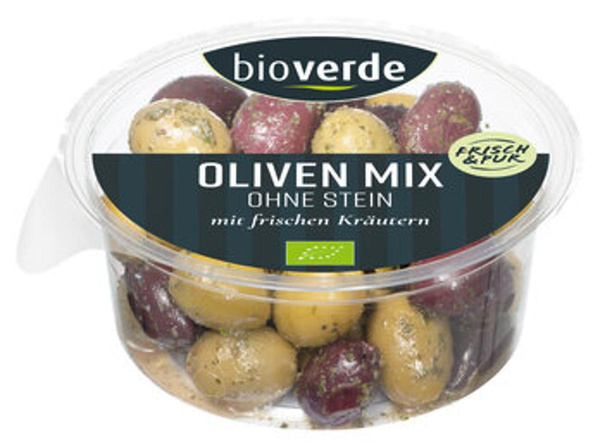 Produktfoto zu Oliven Mix ohne Stein mit frischen Kräutern