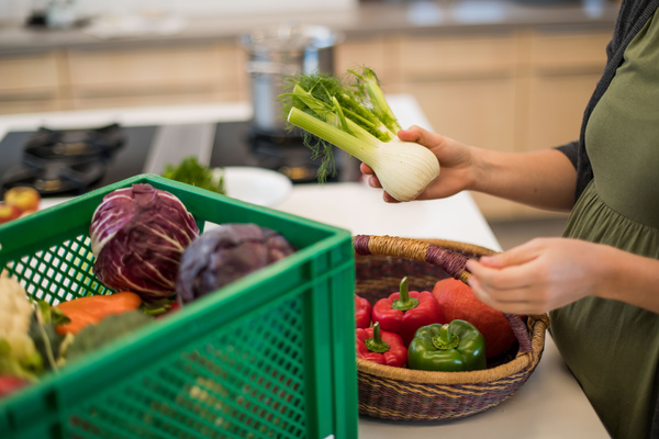 KI generiert: Das Bild zeigt eine Person, die in einer Küche frisches Gemüse wie Fenchel und Paprika sortiert. Der Fokus liegt auf der Zubereitung oder dem Umgang mit frischen Zutaten.