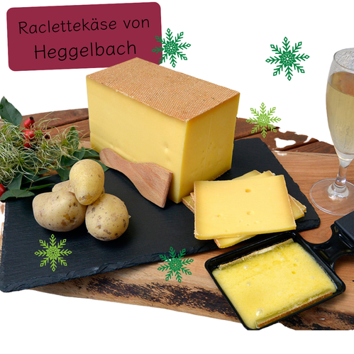 KI generiert: Raclettekäse mit Kartoffeln und Getränk, Text: "Raclettekäse von Heggelbach".