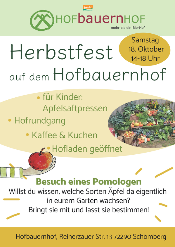 KI generiert: Herbstfest auf dem Hofbauernhof mit Aktivitäten am 18. Oktober, 14-18 Uhr.