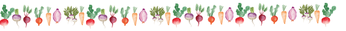 KI generiert: Illustration von buntem Gemüse in einer horizontalen Reihe, einschließlich Karotten und Radieschen.