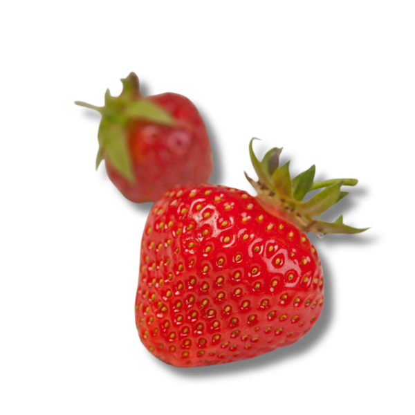 KI generiert: Zwei rote Erdbeeren mit grünem Stiel auf weißem Hintergrund.