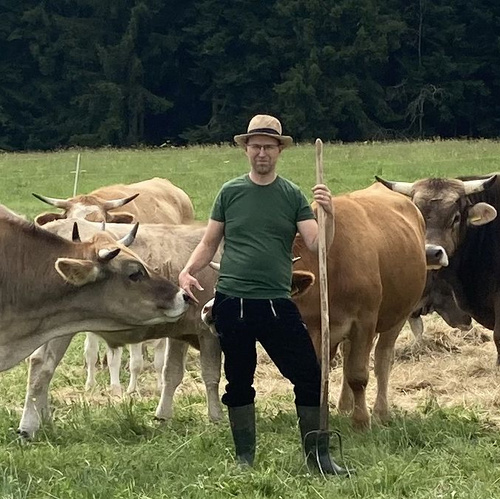 KI generiert: Ein Mann steht mit einer Heugabel auf einer Wiese, umgeben von Kühen.