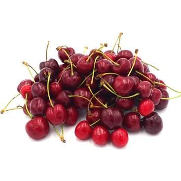KI generiert: Ein Haufen roter Kirschen mit Stielen auf weißem Hintergrund.