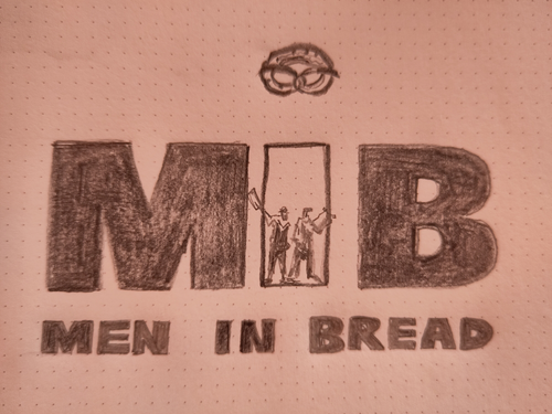 KI generiert: Das Bild zeigt eine Parodie des "Men in Black"-Logos, dargestellt als "Men in Bread". In der Mitte sind zwei gezeichnete Figuren zu sehen, die jeweils einen Bäcker-Schieber halten, und oben ist eine Brezel abgebildet.